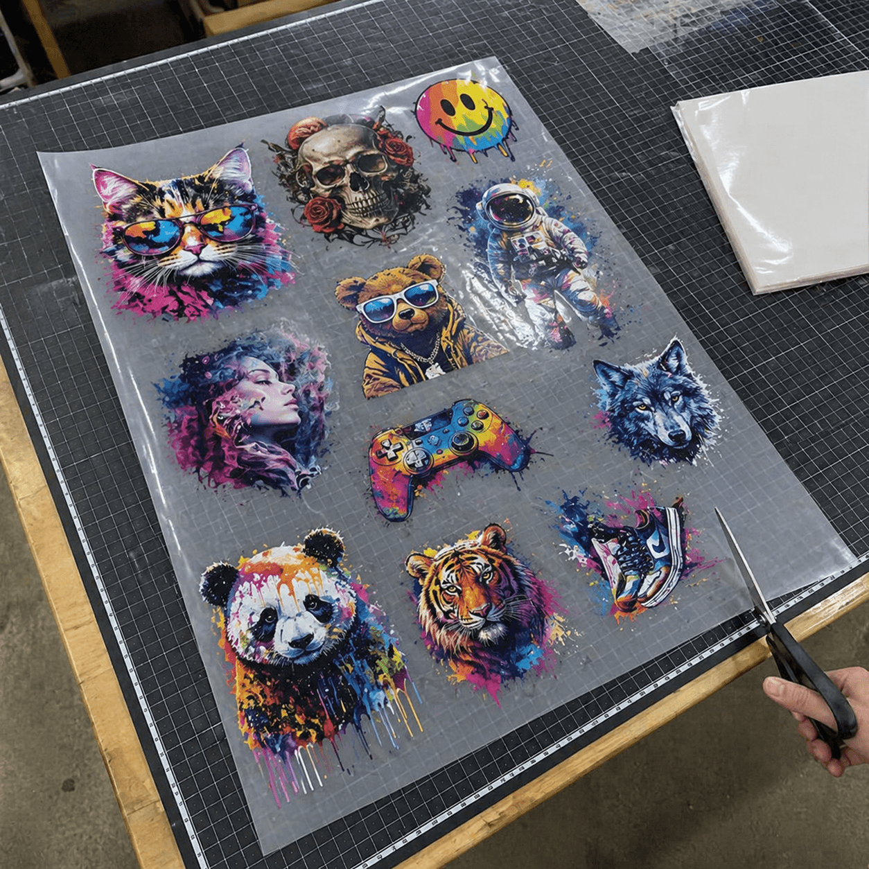 DTF gang sheet with multiple designs printed on transparent film