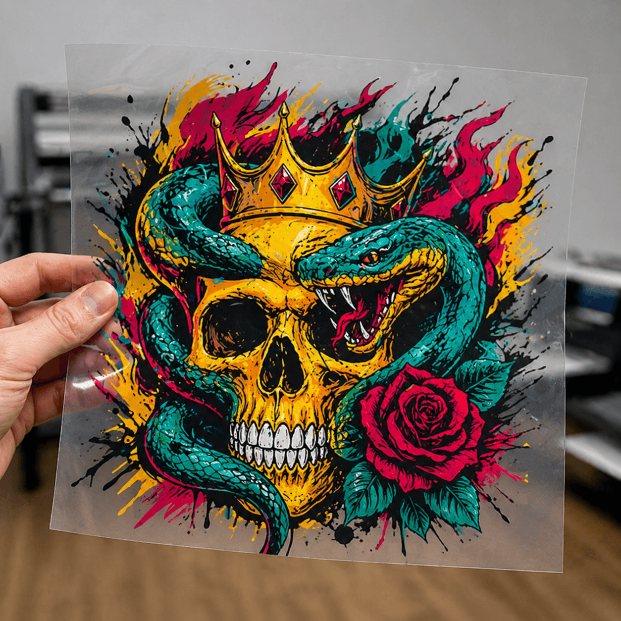 Single DTF transfer print of a skull and snake design held in hand