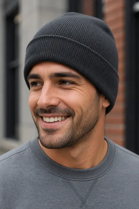 Man wearing a charcoal cuffed knit beanie